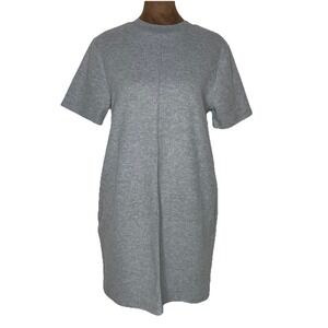 Gray Sweater Dress Lagenlook Short Sleeve Soft Knit Mock Neck Mini Small Pockets